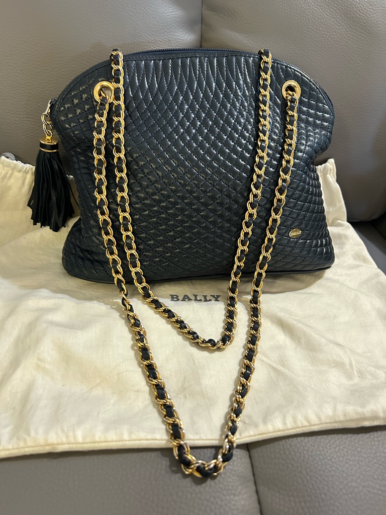 Vintage Bally Quilted Leather Chain Shoulder Bag Dark Navy Made In Italy
